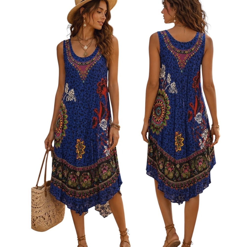 Womens One Size Dress Mandala Floral Handkerchief Hem Boho Hippie Vacation Flowy
